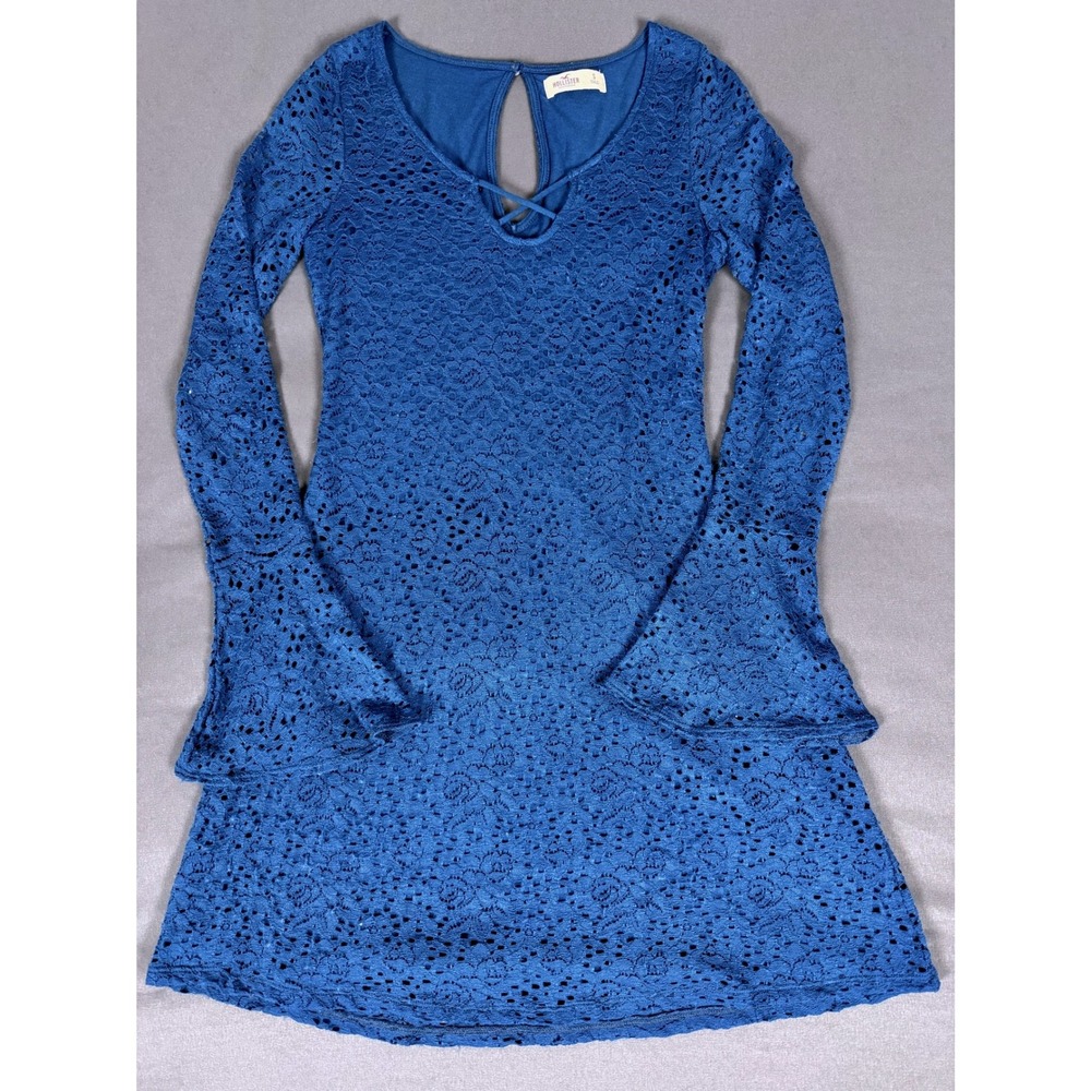Hollister Lace Dress Womens S Blue Bell Sleeve V-Neck Strappy Keyhole Back